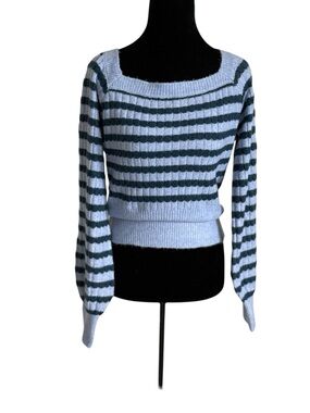 Striped Square-Neck Cropped Sweater in Light Blue and Dark Green